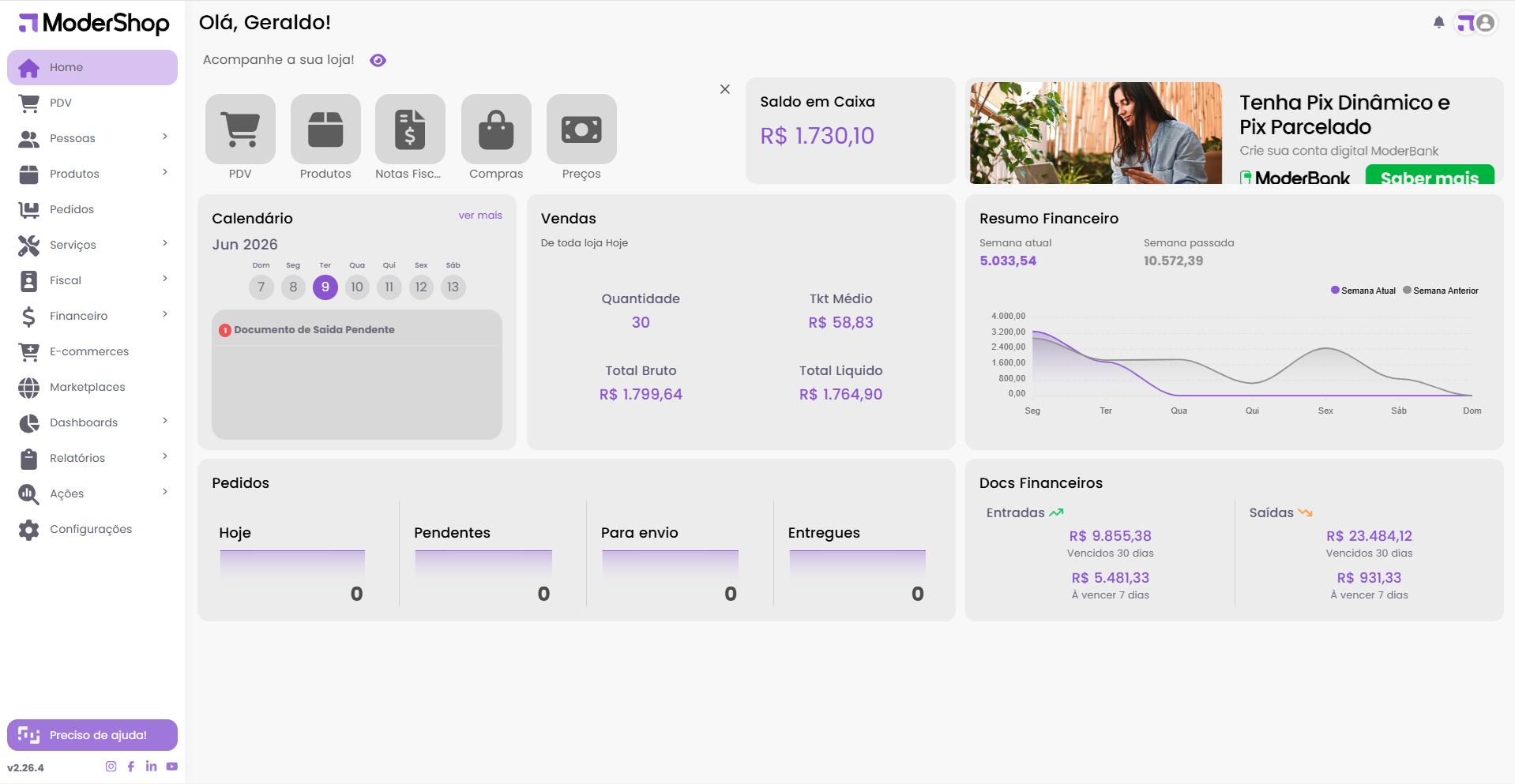 Dashboard do ModerShop mostrando vendas, recebimentos e estoque para loja de moda em Belo Horizonte